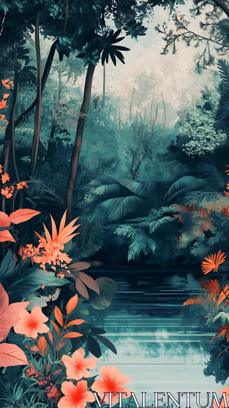 Tropical riverside vegetation in stylized turquoise palette.