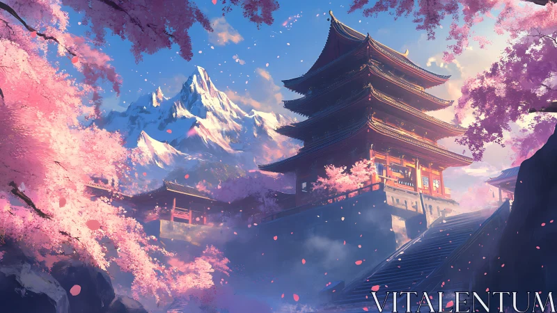 Cherry blossoms embrace a mountain temple at golden hour