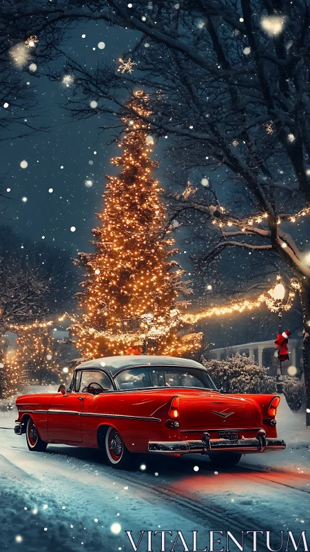 Classic red coupe under glowing winter holiday lights at night.