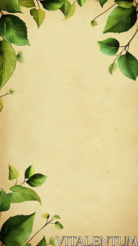 Botanical parchment layout with asymmetrical foliage framing.