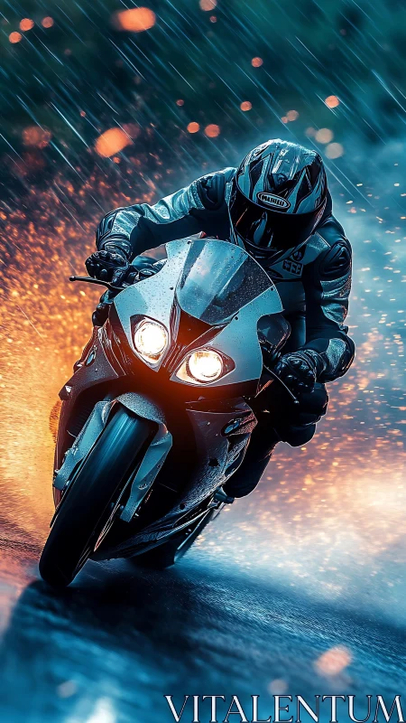 Motorcyclist cuts through rainy night in blazing neon spray