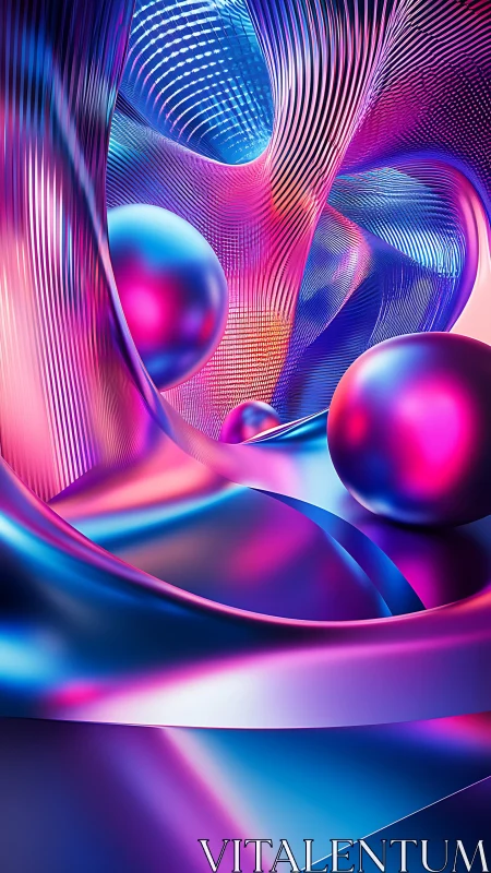 Abstract neon spheres in curved metallic ribbon space