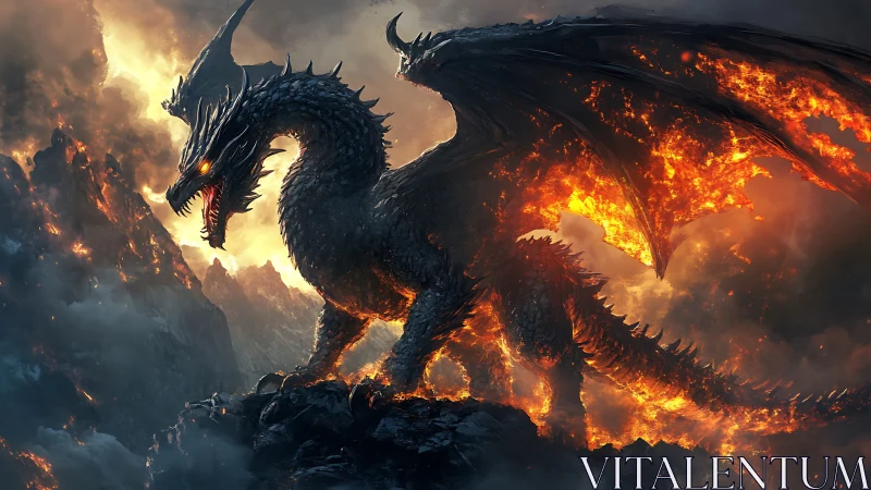 Infernal dragon commands molten volcanic battlefield.