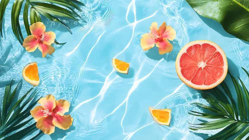 Photorealistic tropical citrus arrangement in sunlit poolscape.