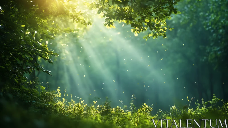 Sunbeams Shining Through Lush Forest Canopy in Dreamy Morning Light.