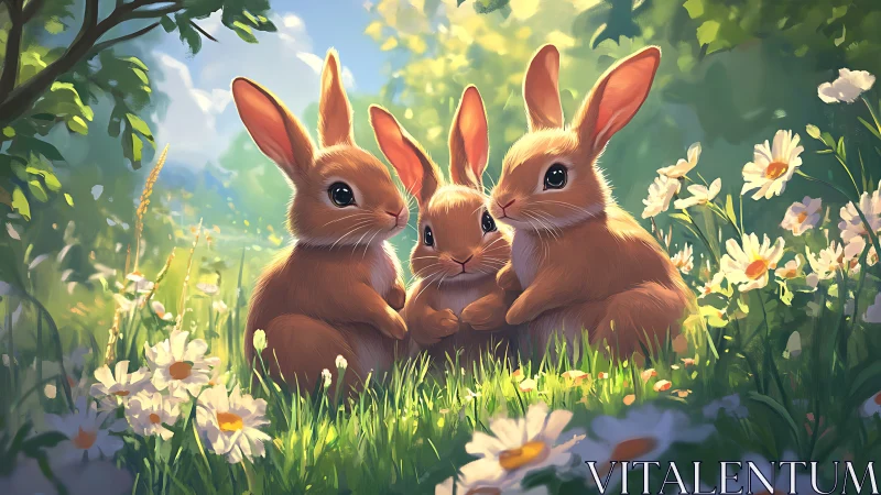 Sunlit bunny friends share a peaceful morning in wildflowers