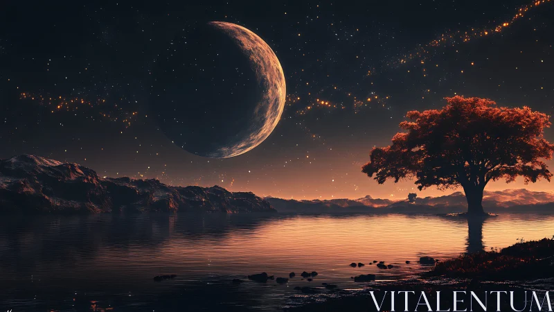 Crescent planet over calm lake and solitary red tree.