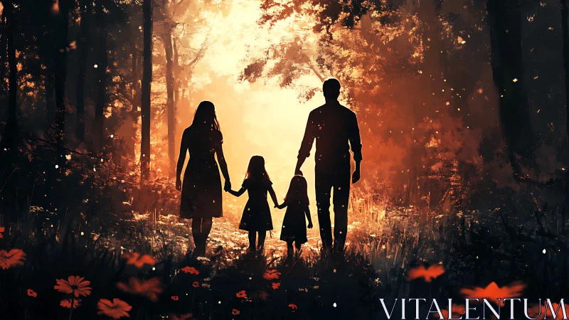 Silhouetted family figures walking through illuminated forest with fire glow