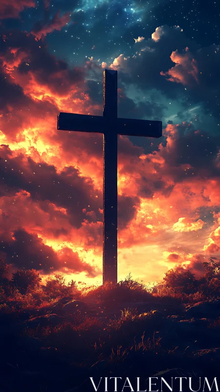 Solitary wooden cross blazing against a storm of sacred light.