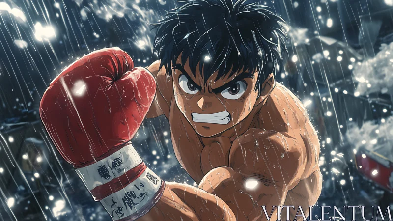 Anime boxing protagonist in dynamic rain-soaked close-up shot.