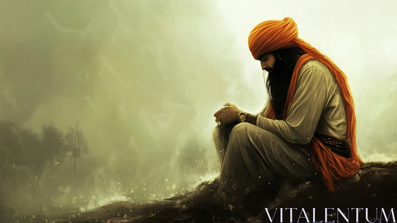 Solitary turbaned figure contemplates within golden mist.