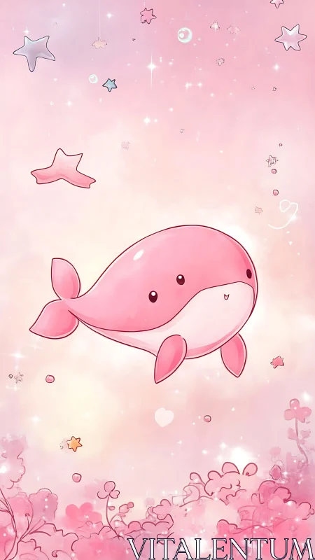 Cute pink whale floating in dreamy pastel sky world.