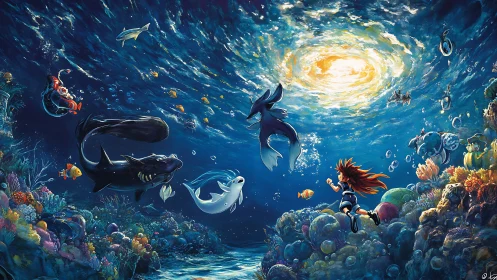 Underwater girl and sea creatures in swirling light scene.