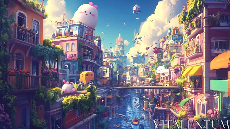 Whimsical canal city under pastel skies and plush airships.
