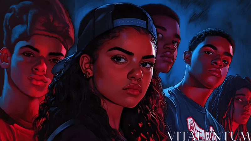 Defiant urban teens stand under neon red and blue light