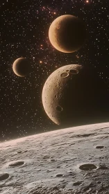 Drifting moons share a quiet dance above a cratered world