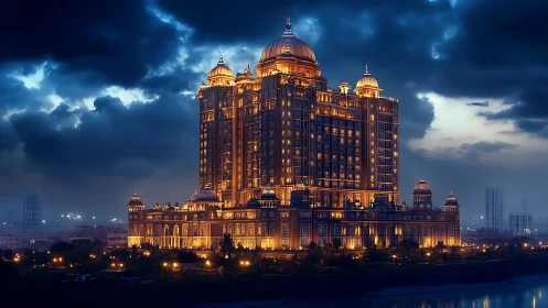 Palatial riverside hotel glows under brooding storm sky