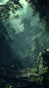 Mist-drowned jungle temple stairs to a forgotten stone crown.