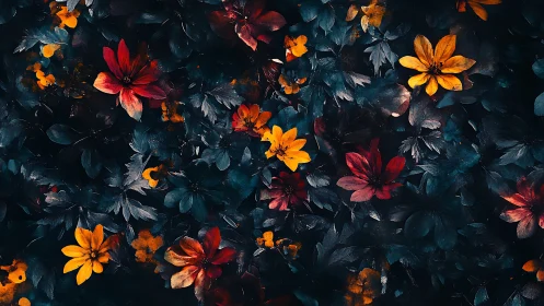 Nocturnal floral composition with saturated crimson accents.