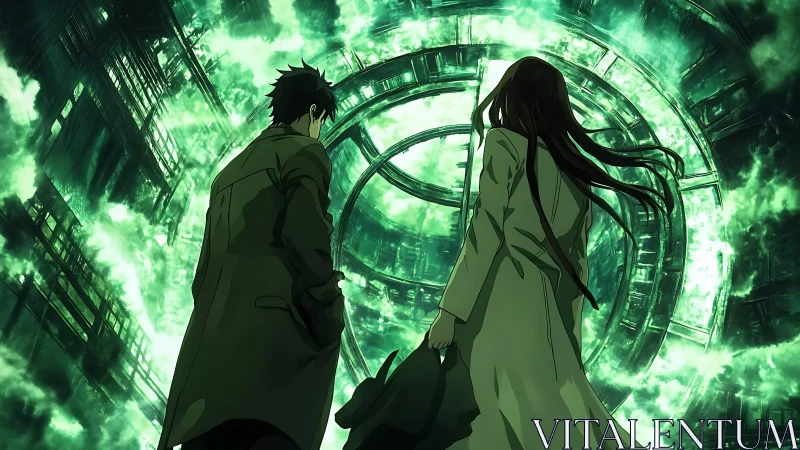 Time vortex gateway confronting two silhouetted scientists.