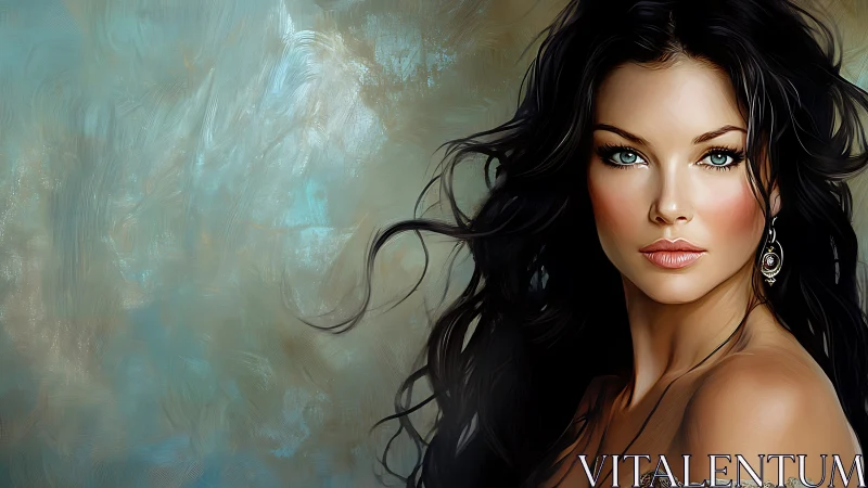 Digital portrait of dark haired woman with teal backdrop.