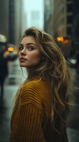 Young woman in mustard sweater pauses on a misty city street