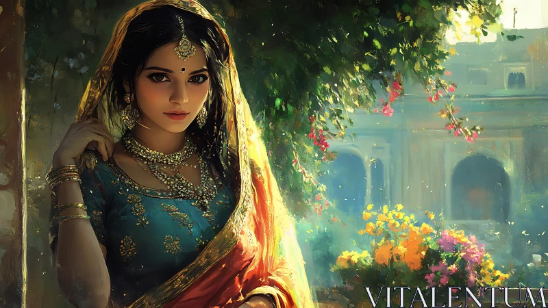 Regal Indian bride glows beside sunlit courtyard garden