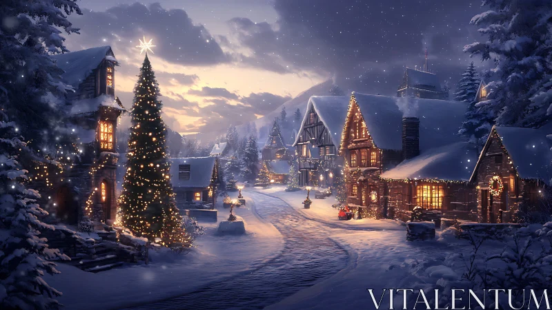 Snow covered village street with illuminated houses at dusk.