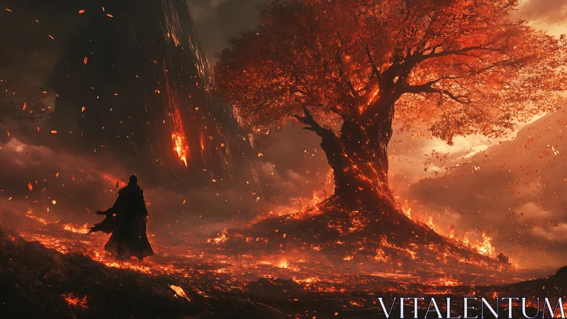 Solitary Wanderer Amid Infernal Flames and Ancient Fire.