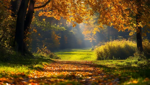 Sunlit autumn forest path glows through golden canopy.