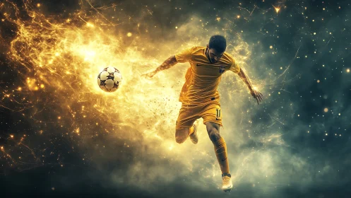 Dynamic soccer forward in golden energy explosion effect