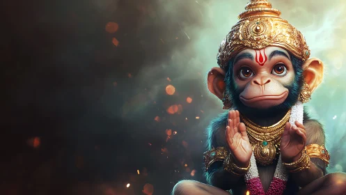 Divine baby monkey deity in ornate gold ceremonial regalia.