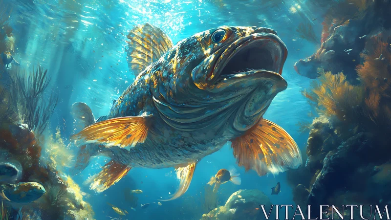 Giant sunlit fish charges through glowing coral reef waters.