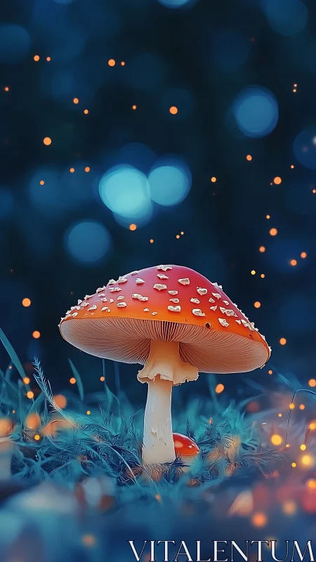 Firefly-lit toadstool realm under deep sapphire dusk.