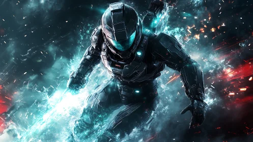 Armored sci fi soldier in dynamic energy filled space scene.