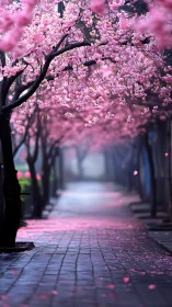 Blossom-lined cobblestone path under misty spring canopy.
