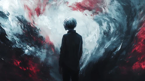 Solitary figure amid turbulent chromatic vortex field study.