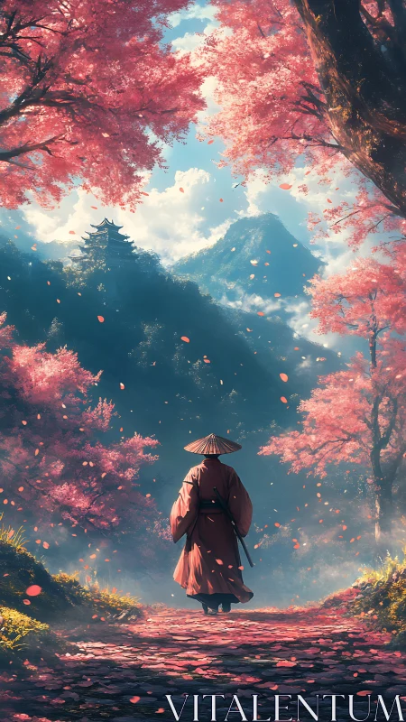 Wanderer beneath cherry blossoms on a misty mountain path.