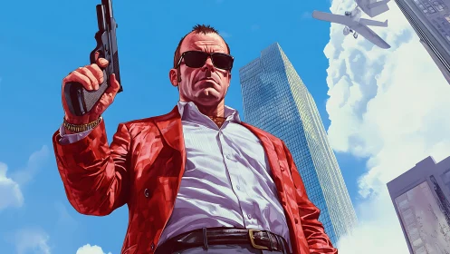 Bold city outlaw in a sharp red suit under bright skies.