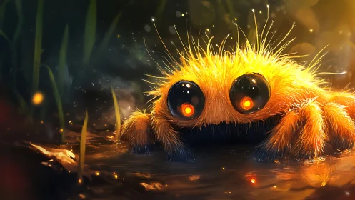 Fuzzy golden spider peeks from glowing forest puddle.