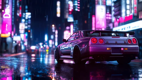 Neon night drive with a silver street racer in the rain.