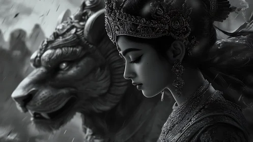 Regal warrior princess in ornate profile with spectral lion.