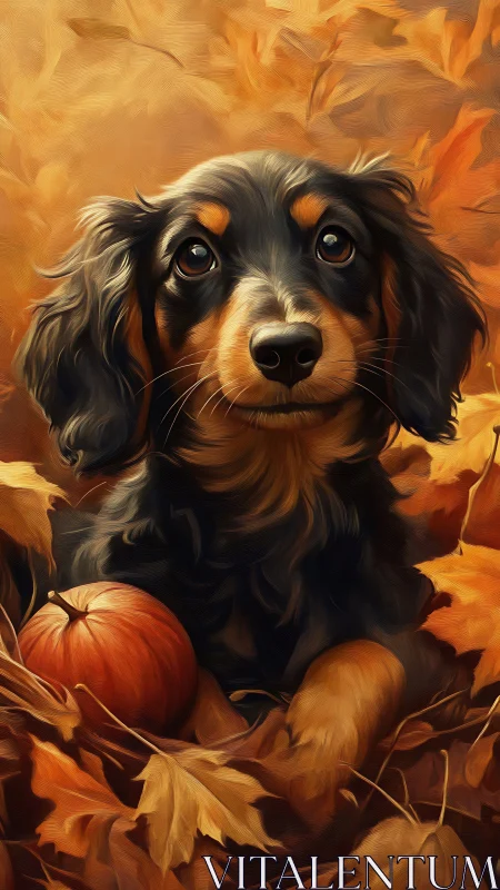 Autumn-eyed dachshund nestled in golden leaves and pumpkins.