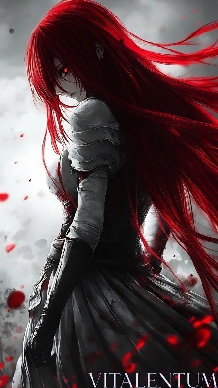 Red haired armored anime warrior in drifting petals.