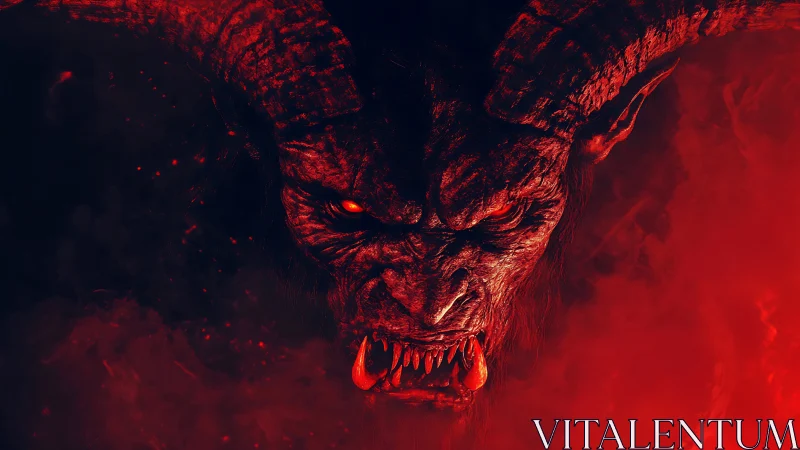Demonic horned beast emerging from red infernal smoke.
