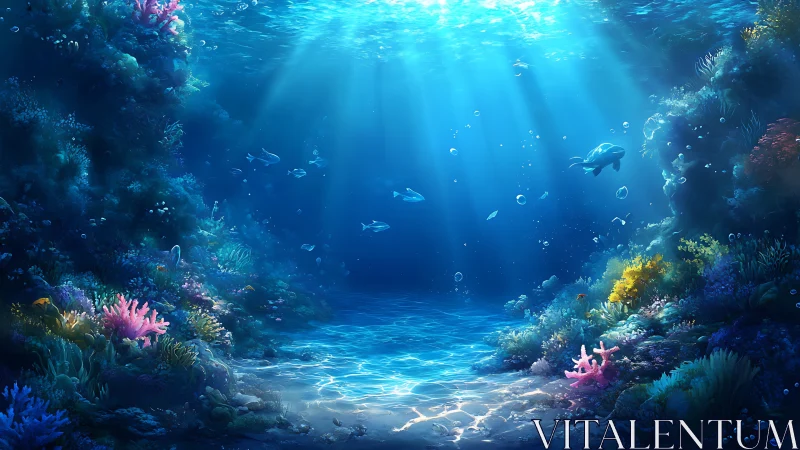 Sunlit underwater coral reef with fish and clear seabed.