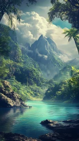 Digital painting of misty jungle peaks above turquoise river.
