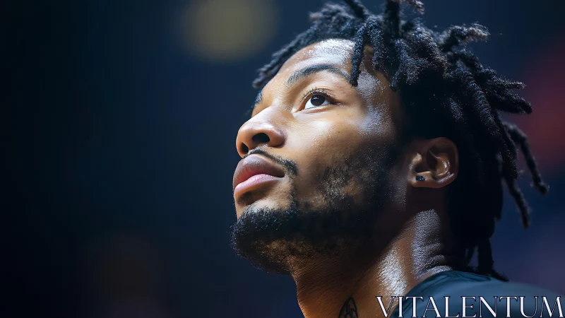 Sweat-lit basketball dreamer studies the rafters before battle