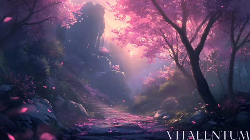 Digital painting of luminous cherry grove and stone ascent.