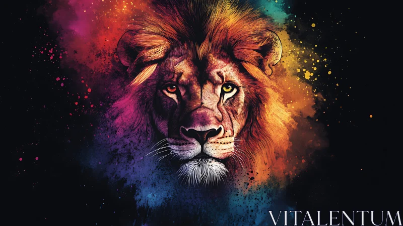 Majestic lion portrait burns through cosmic neon darkness